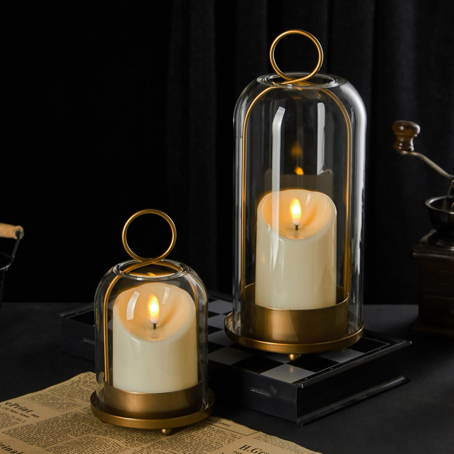 Brass Hurricane Candle Holder with Handmade Glass Dome, Set of 2