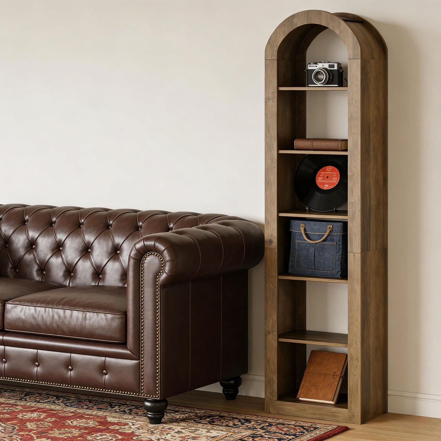 Arched 8 Tier Tall Bookshelf with Wood Back Panel