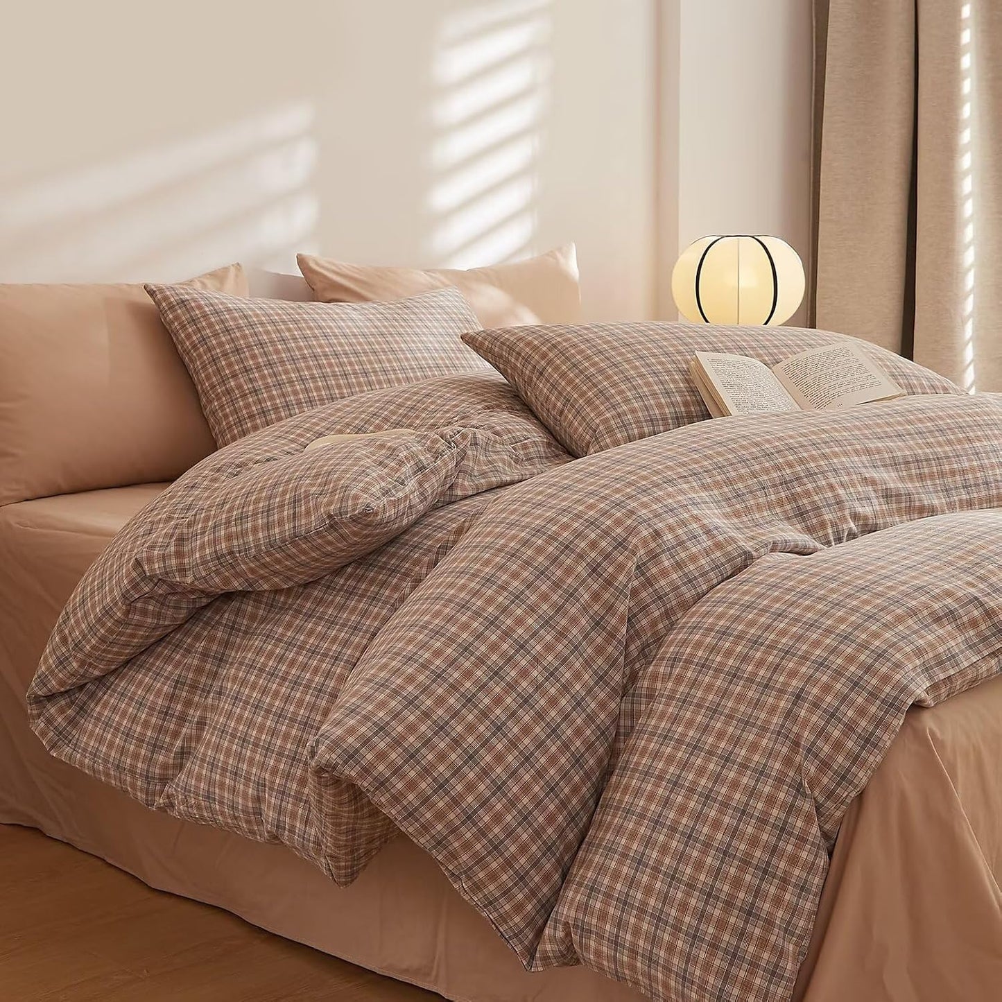 Duvet Cover Set - Brown Plaid Gingham Comforter Cover with Zipper Closure
