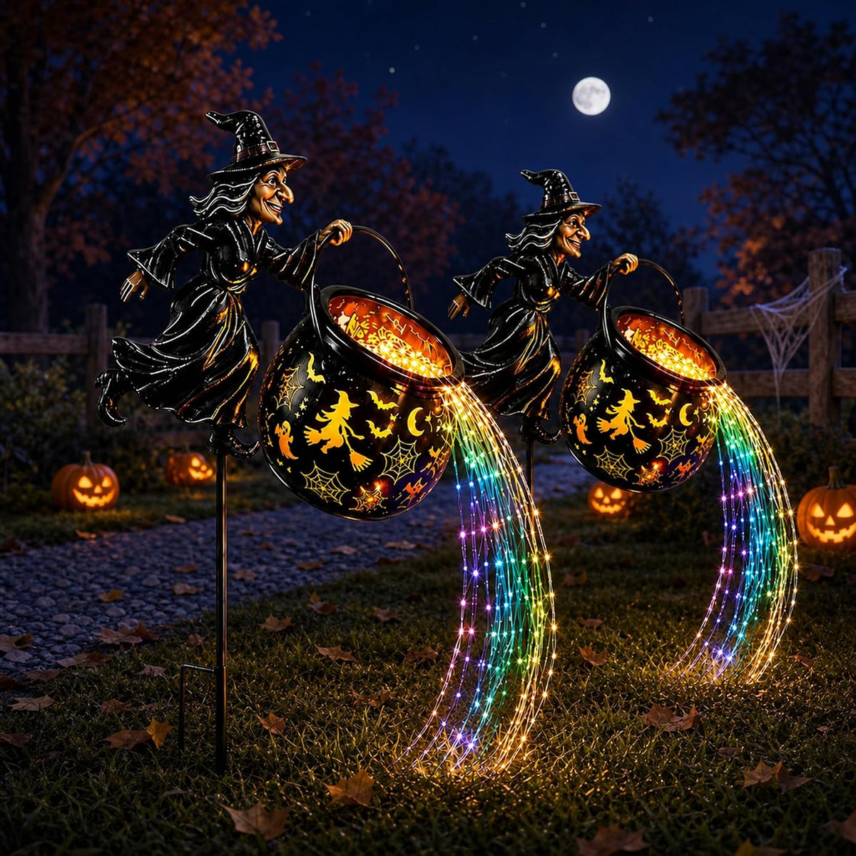 Colorful Waterfall-Style Halloween Witch Glowing Cauldron Light