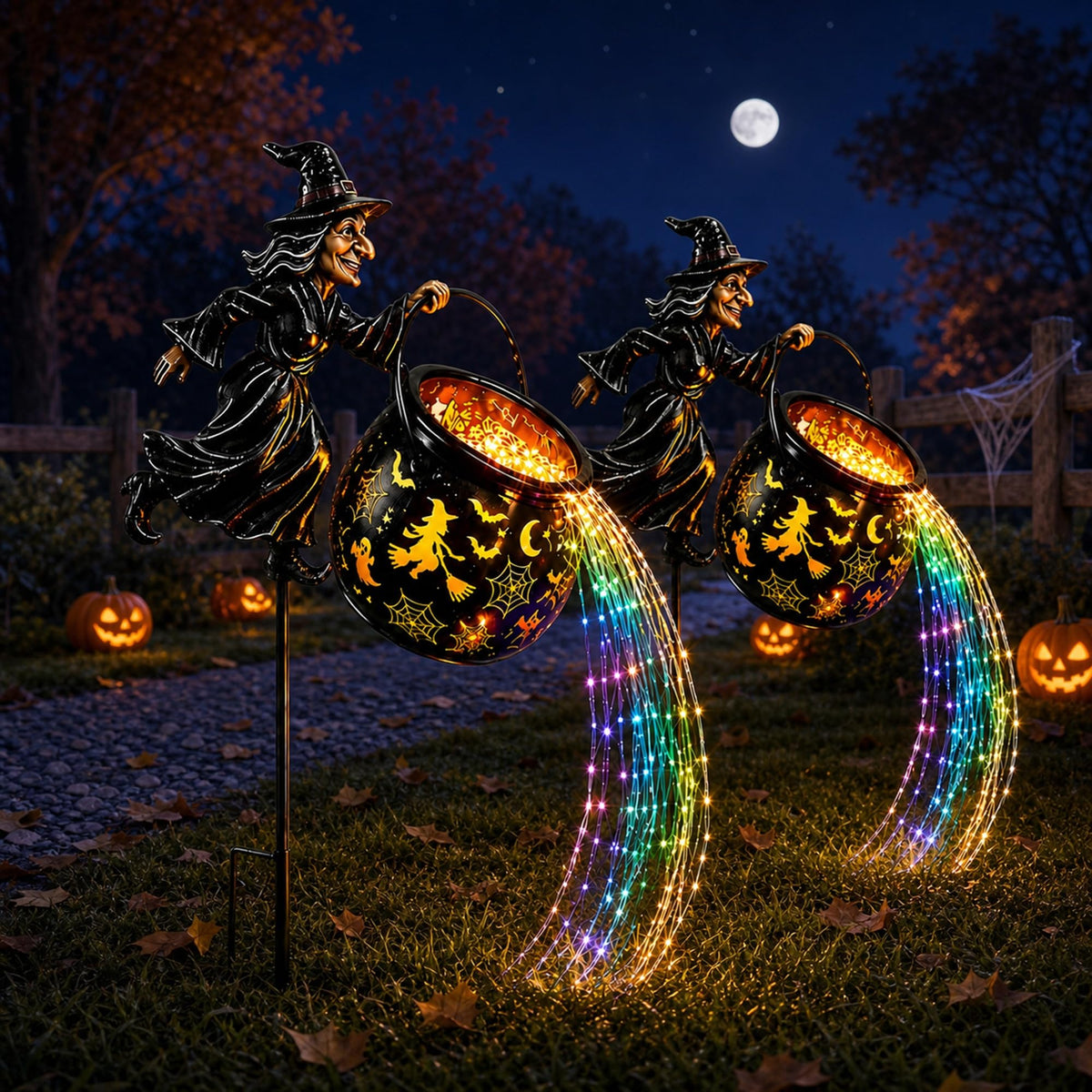 Colorful Waterfall-Style Halloween Witch Glowing Cauldron Light