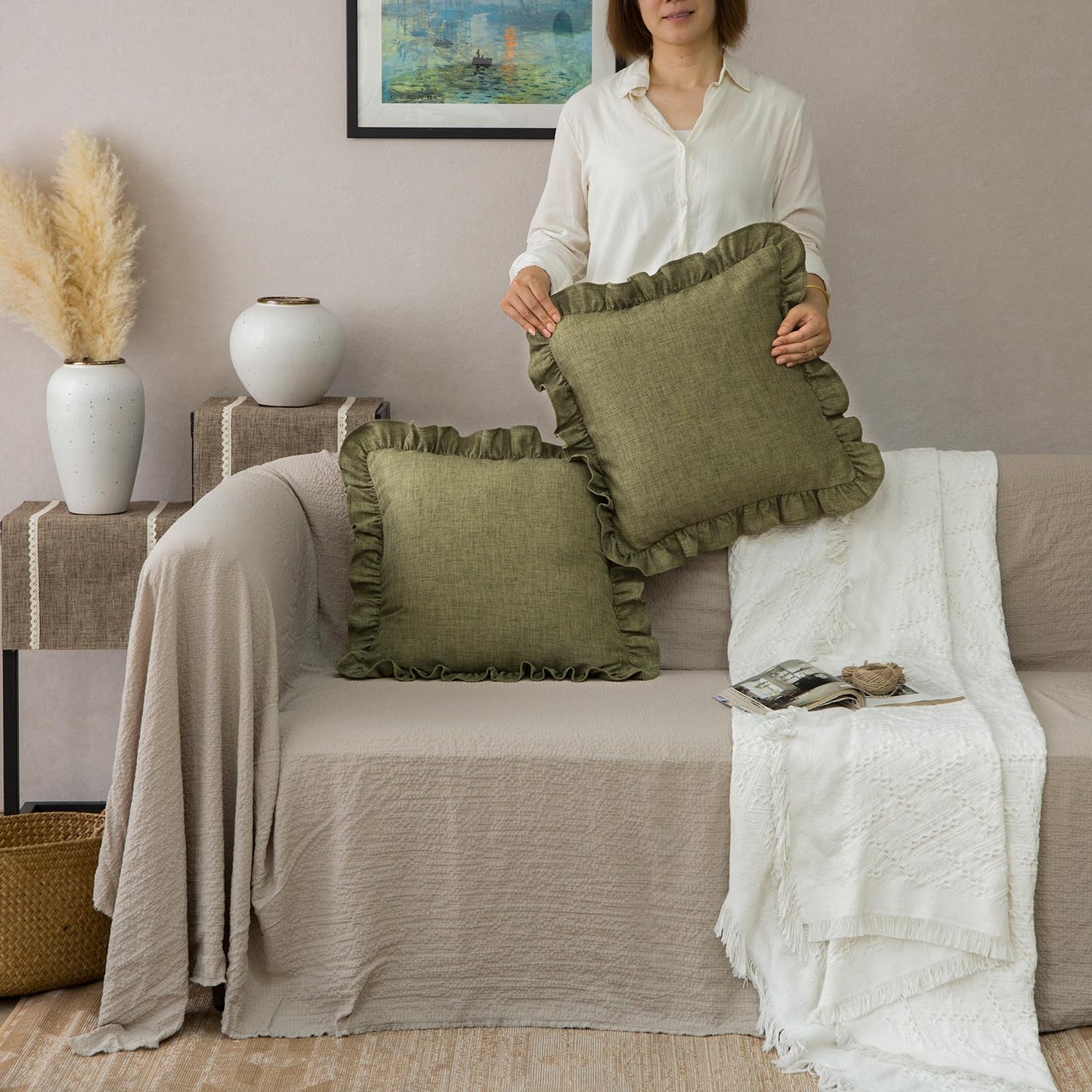Rustic Classic Linen Style Throw Pillow Covers Set of 2