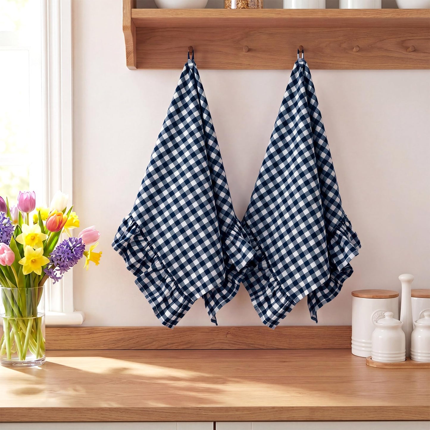 HunnmingRe Taupe Kitchen Towels Set of 2, 100% Cotton Ruffled Gingham Dish Towels 18"x28" Tea Cloths Classic Plaid Pattern for Farmhouse Charm, Drying Dishes, Entertaining Guests