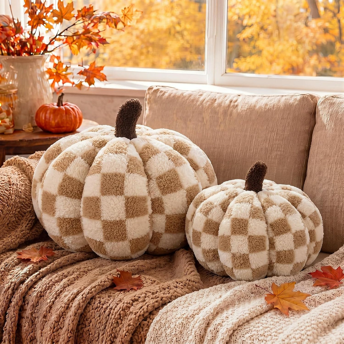 2 Pcs Pumpkin Pillows Brown White Checkerboard