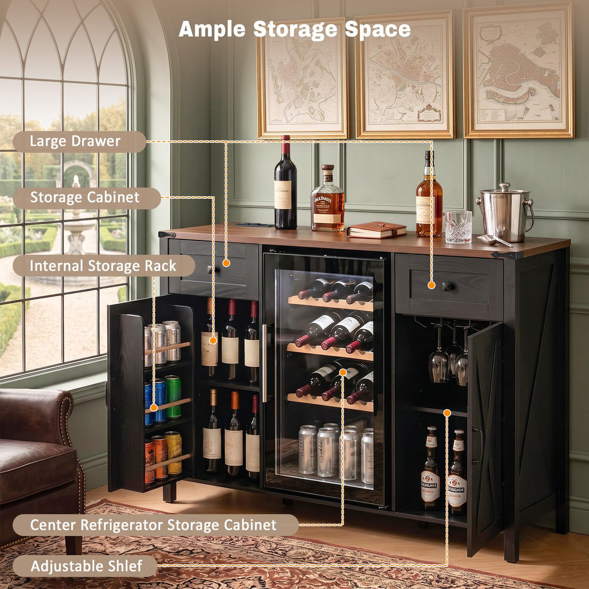 51" Modern Coffee Bar Cabinet with Fridge Space & 2 Drawers