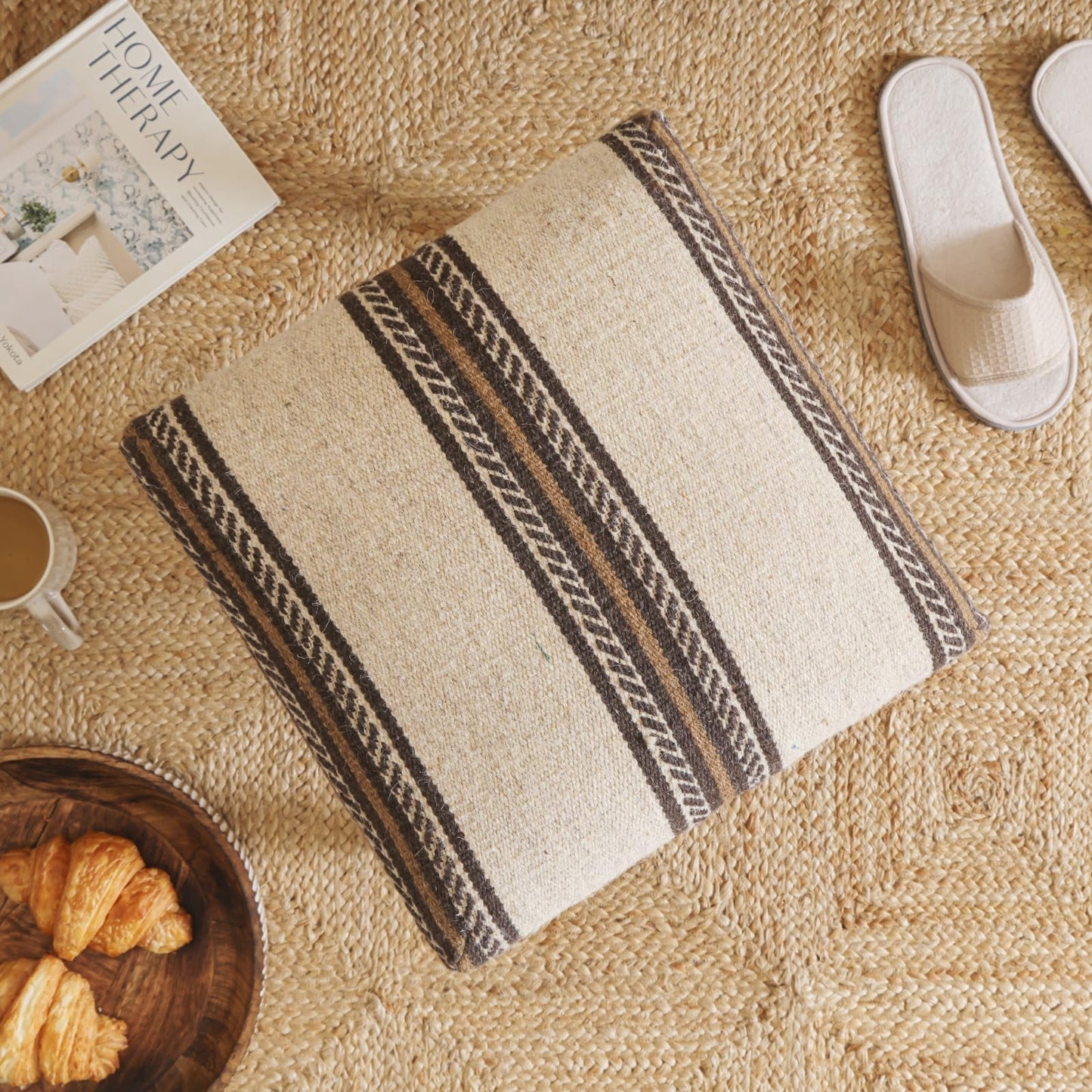 Handmade Jute Ottoman Stool with Wooden Legs
