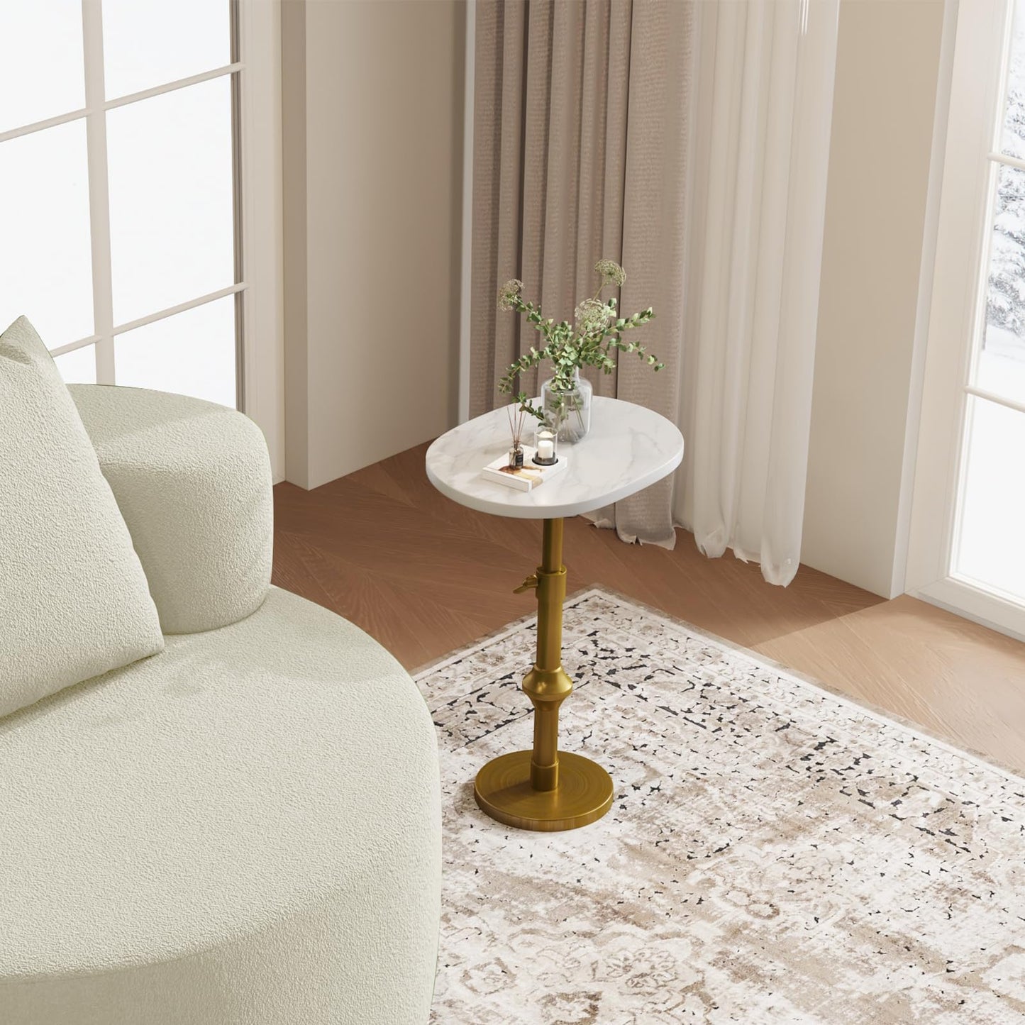 Adjustable Side Table with Antique Brass Stand Base