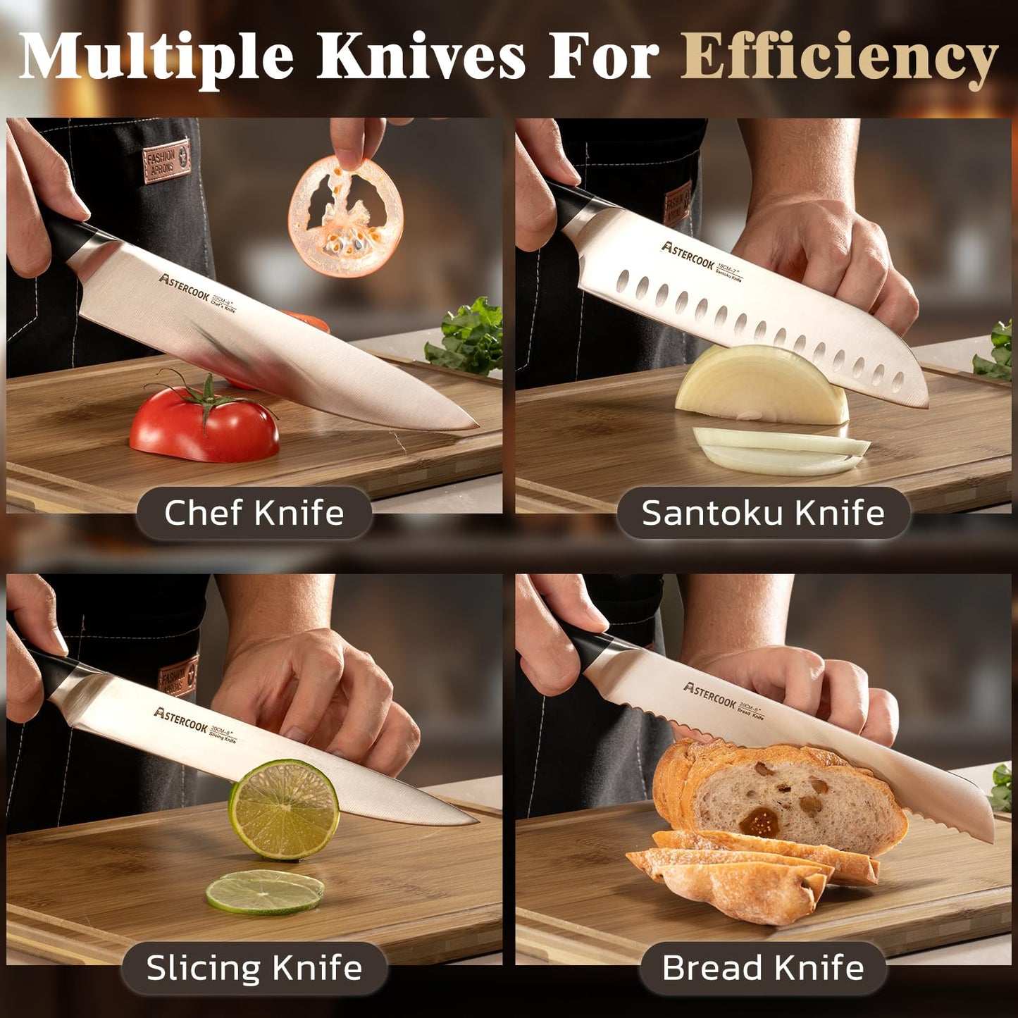 Astercook Knife Set Kitchen with Block and Sharpener Premium Full Tang 17 Pcs German Stainless Steel Knives Dishwasher Safe Kitchen Utensils Set with with and Anti-slip Ergonomic Handle, Cream White