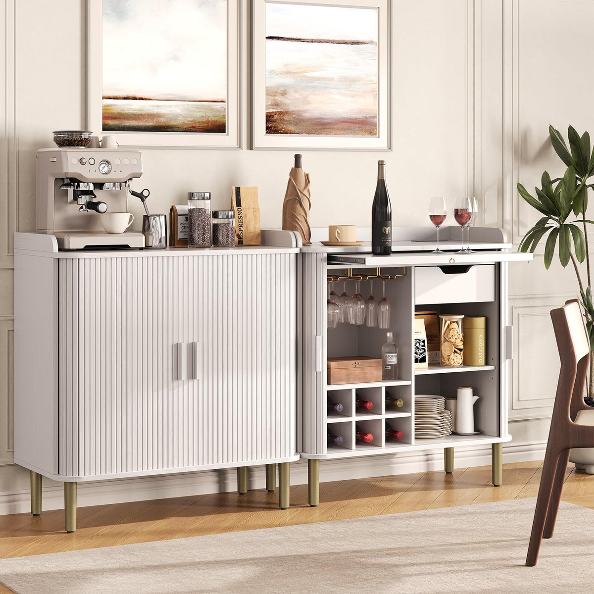33" H Fluted Bar Cabinet with Storage, Wine Cabinet