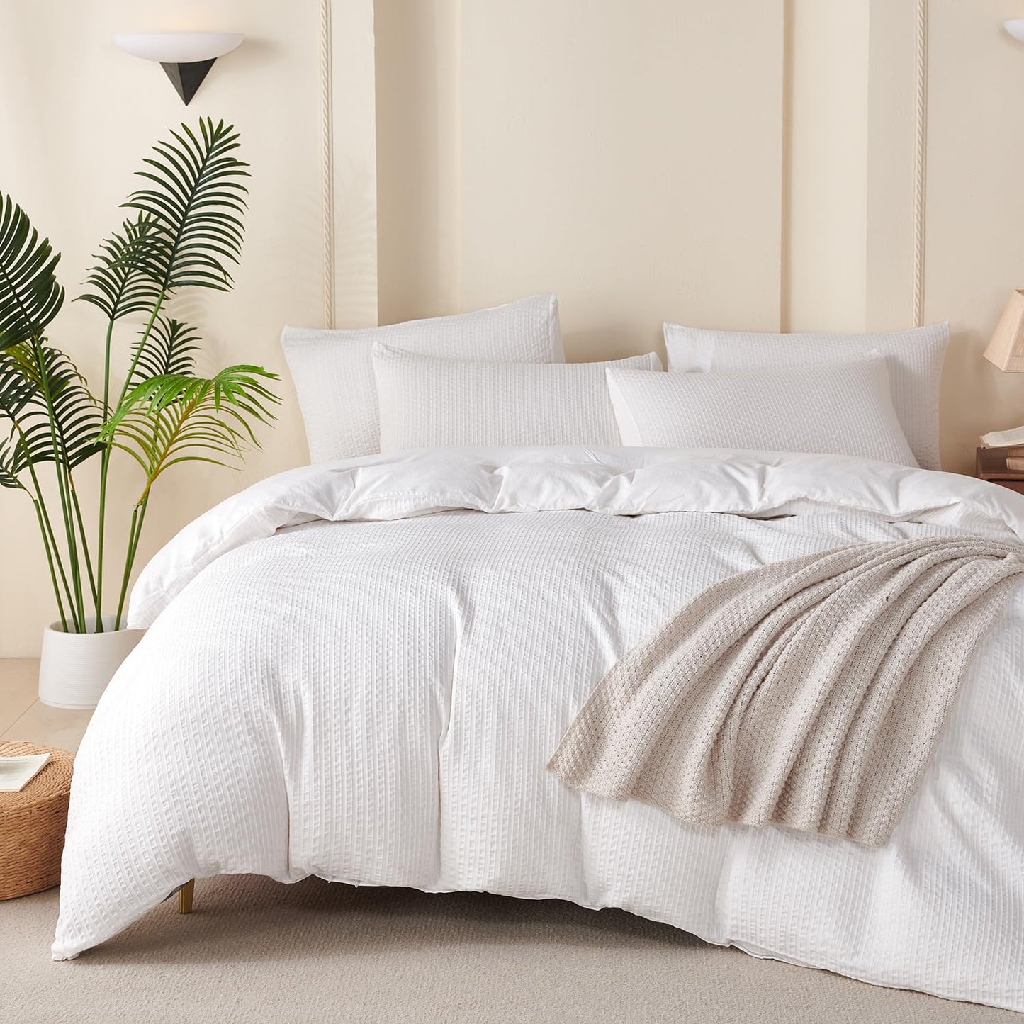 Striped Duvet Cover Queen Beige Washed Microfiber Jacquard 3 Pieces Bedding Set, White Beige Vertical Ticking Stripes Pattern Comforter Cover with Zipper Closure Breathable Durable Soft Comfy