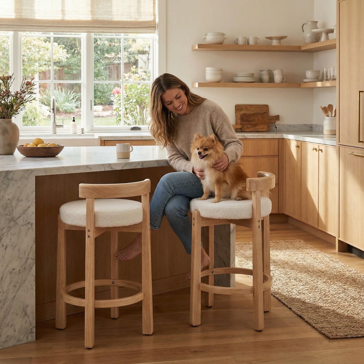 LukeAlon Mid Century Linen Counter Stools Set of 3, Upholstered 26.5" Seat Height Low Barstools with Natural Wood Legs Round Low Back Kitchen Stools with Footrest for Dining Room, Beige