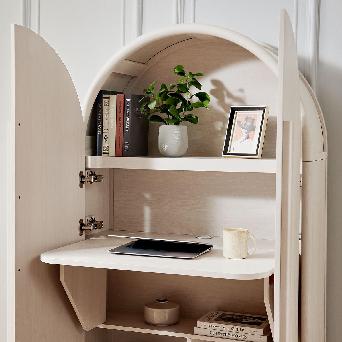 Modern Arched Storage Cabinet with Concealed Desk & Shelves