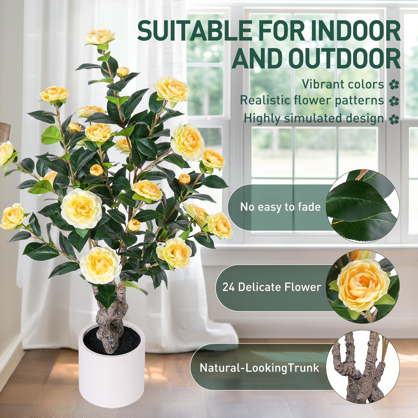 Yepdin 63 inch Artificial Camellia Tree with White Flower Pots - White Fake Tree,5 Ft Faux Plants Indoor wich Blooming,Artificial Plants for Indoor & Outdoor Home Front Door Decor