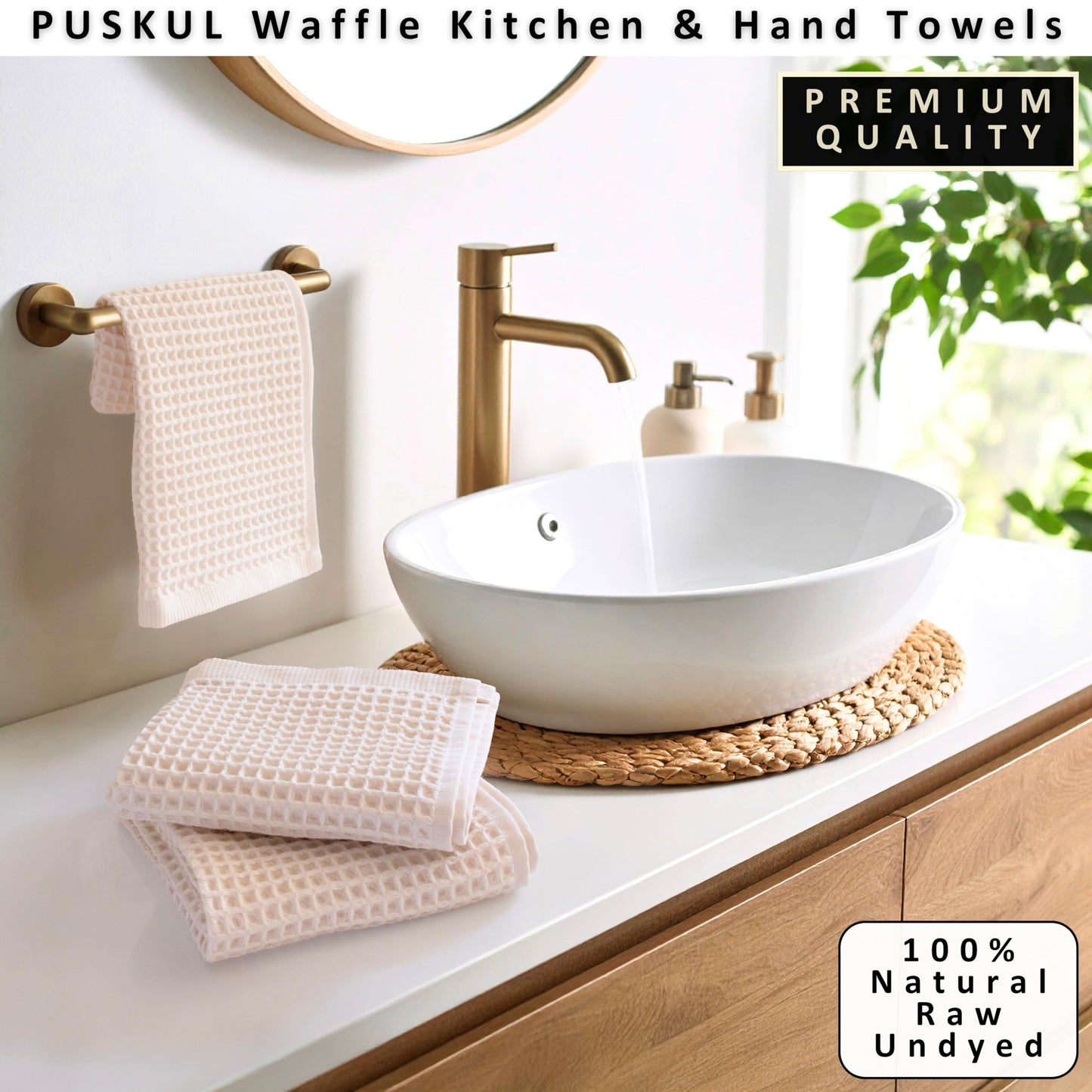 PÜSKÜL Organic Waffle Kitchen Towel Pure 100% Turkish Cotton Set of 3 Natural Raw-Undyed Towel - Premium Quality Soft Quick-Dry Absorbent Lint-Free Hand & Dish Towels Large 32X16 (3, Natural Beige)