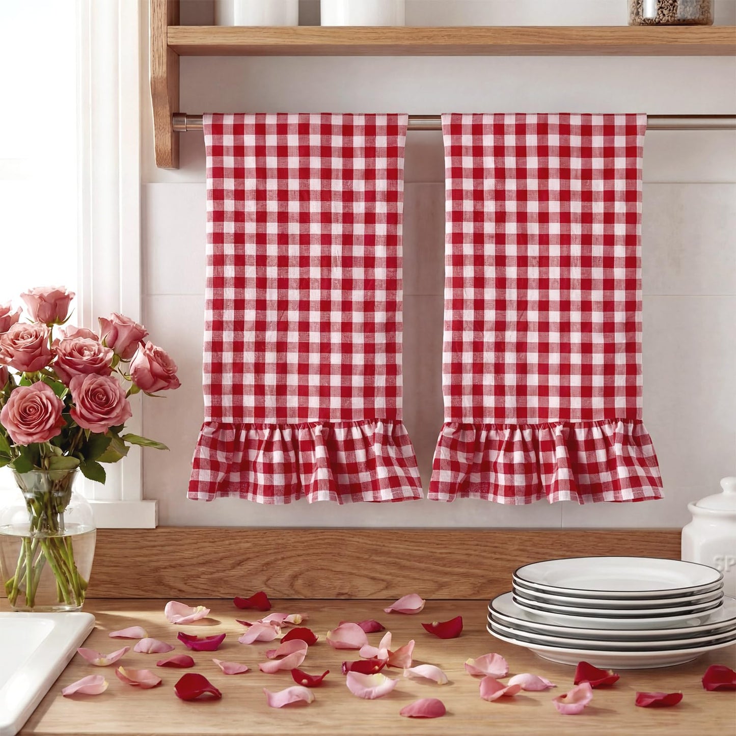 HunnmingRe Taupe Kitchen Towels Set of 2, 100% Cotton Ruffled Gingham Dish Towels 18"x28" Tea Cloths Classic Plaid Pattern for Farmhouse Charm, Drying Dishes, Entertaining Guests