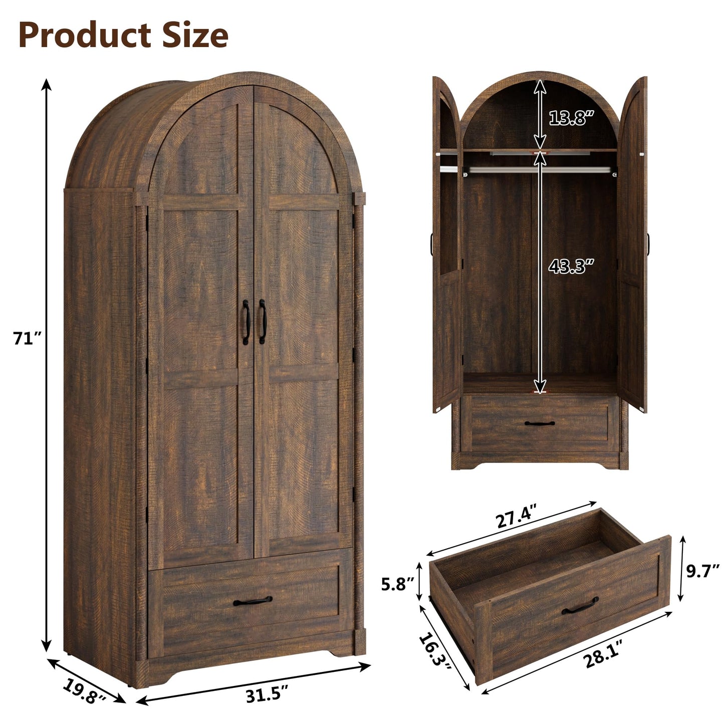 3 Doors Armoire Wardrobe Closet with Doors and Drawers