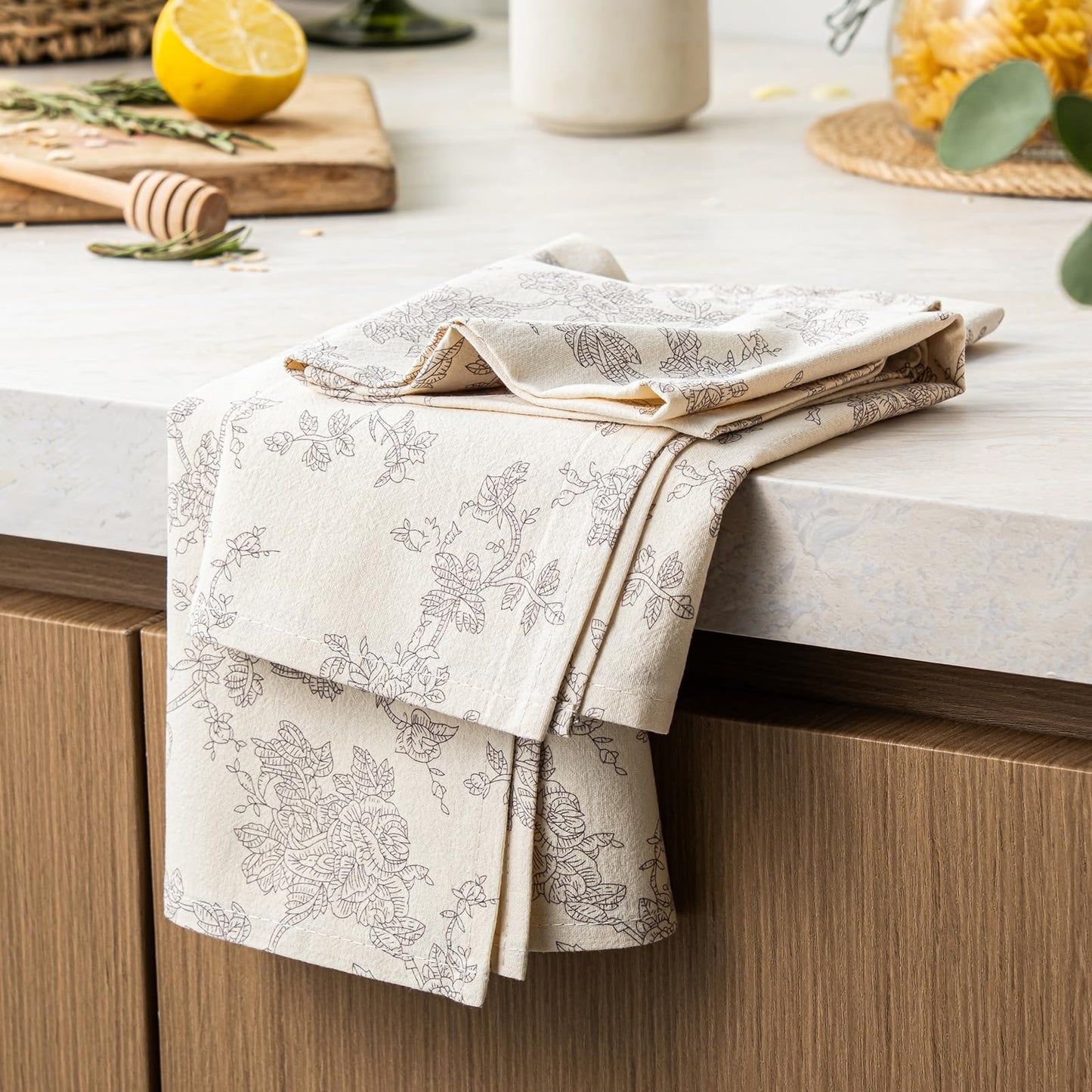 100% Cotton French Pastoral Kitchen Towels Set of 2, Decorative Flour Sack Tea Towels with Hanging Loop 18x25 Inch Absorbent Dish Cloths Farmhouse Home Decor, Brown