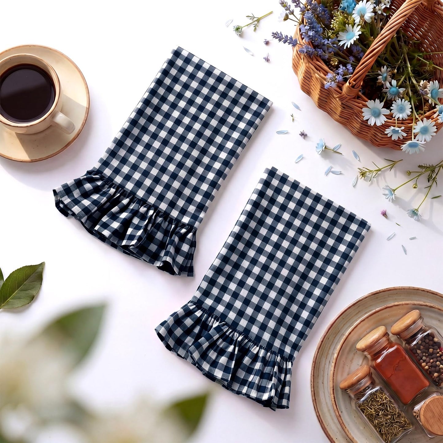 HunnmingRe Taupe Kitchen Towels Set of 2, 100% Cotton Ruffled Gingham Dish Towels 18"x28" Tea Cloths Classic Plaid Pattern for Farmhouse Charm, Drying Dishes, Entertaining Guests