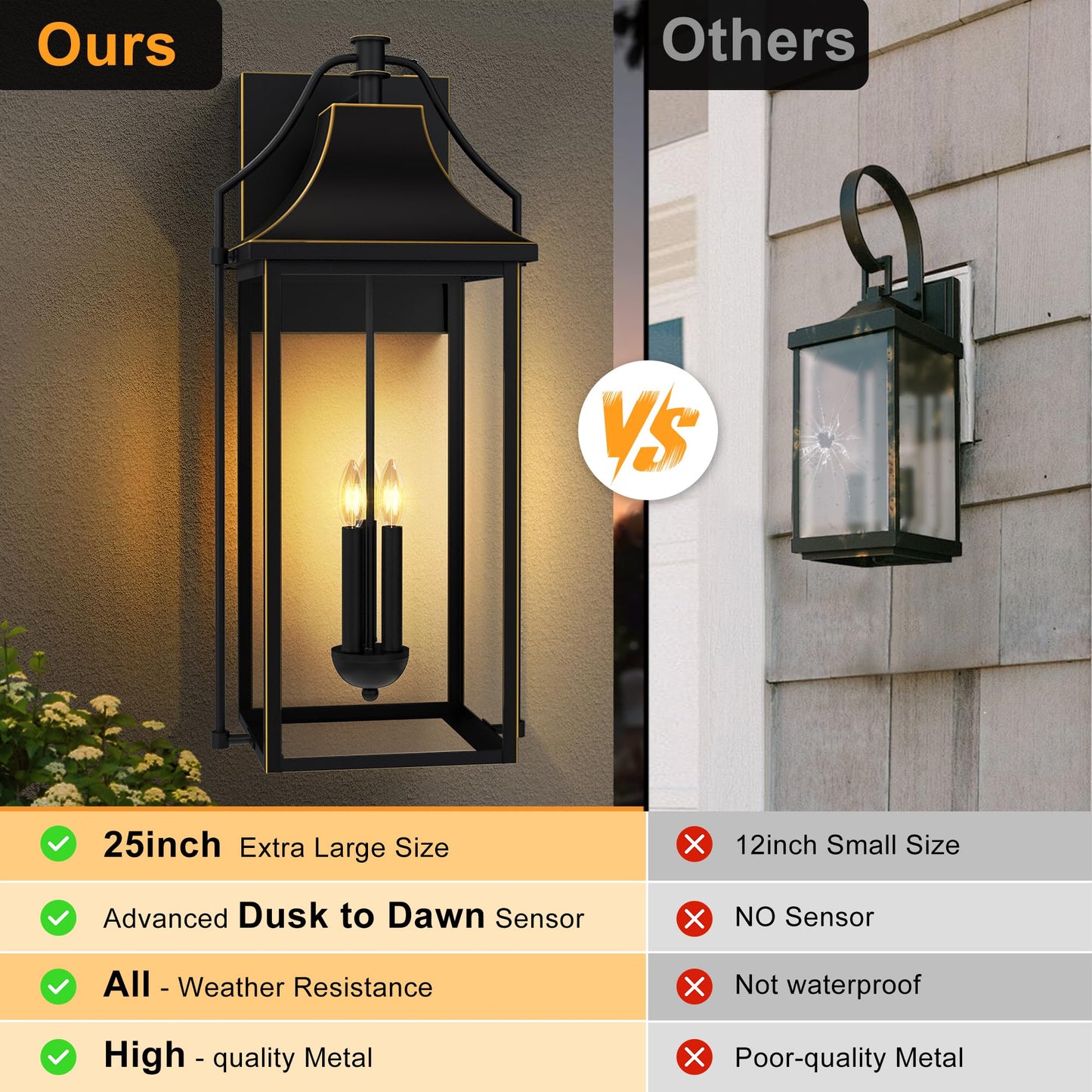 Outdoor Wall Lights Fixtures, Large Size Dusk to Dawn Waterproof Exterior Lanterns, Modern Porch Sconce Wall Mounted with Glass