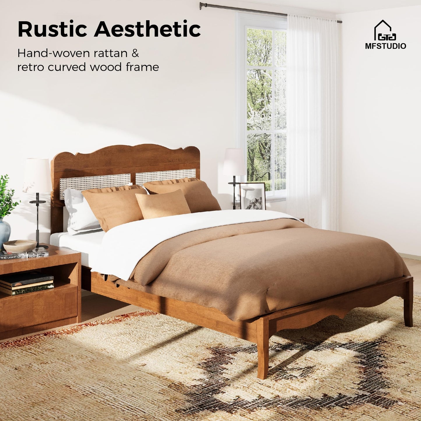 King Wood Bed Frame with Rattan Headboard