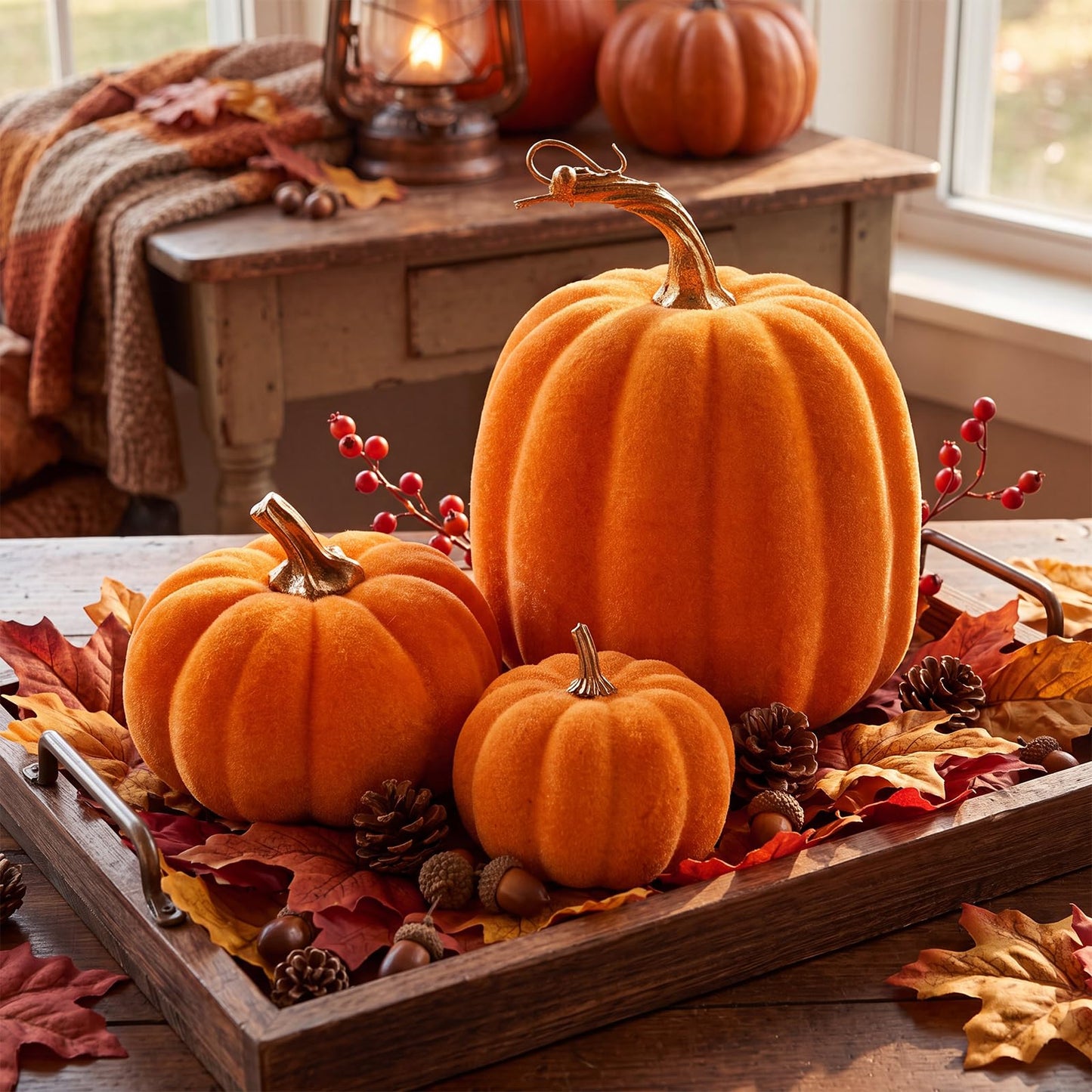 3 Pcs Velvet Pumpkin Decor