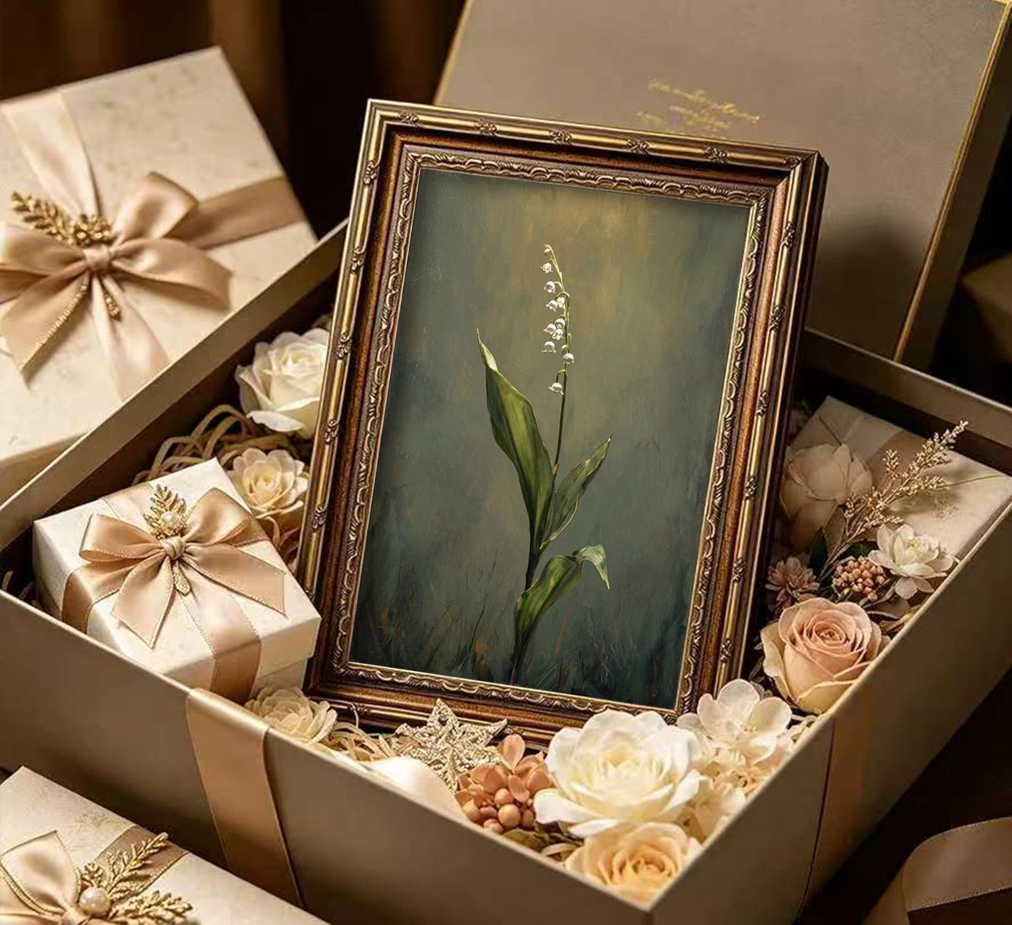 Vintage Gold Framed Moody Flower Canvas Wall Art