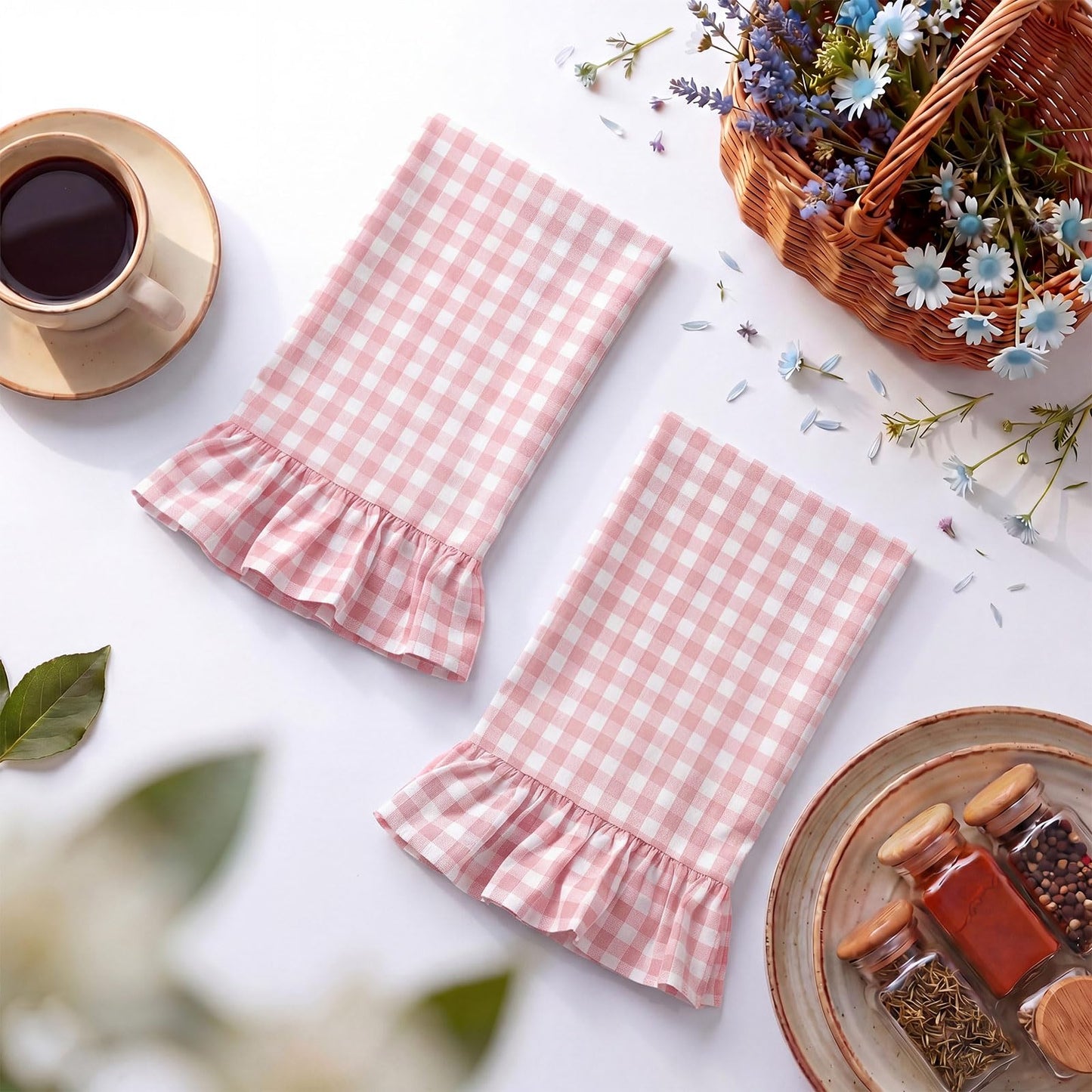 HunnmingRe Taupe Kitchen Towels Set of 2, 100% Cotton Ruffled Gingham Dish Towels 18"x28" Tea Cloths Classic Plaid Pattern for Farmhouse Charm, Drying Dishes, Entertaining Guests