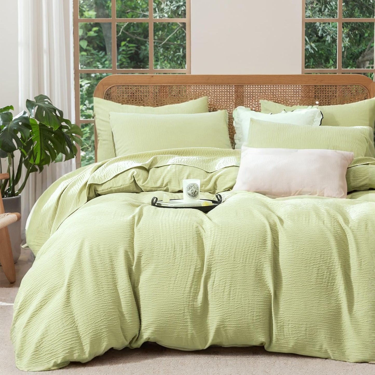 Striped Duvet Cover Queen Beige Washed Microfiber Jacquard 3 Pieces Bedding Set, White Beige Vertical Ticking Stripes Pattern Comforter Cover with Zipper Closure Breathable Durable Soft Comfy