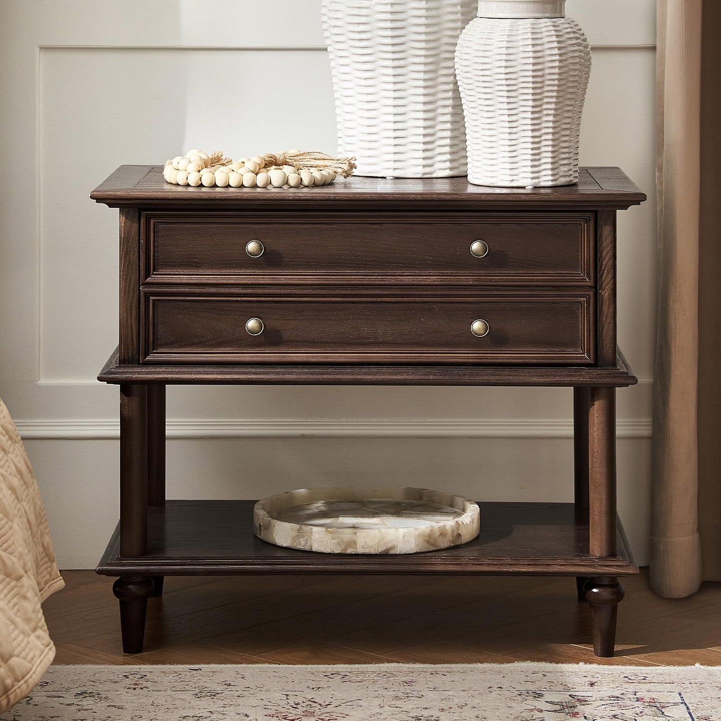 Natural Wood Nightstand with Drawer & Open Shelf