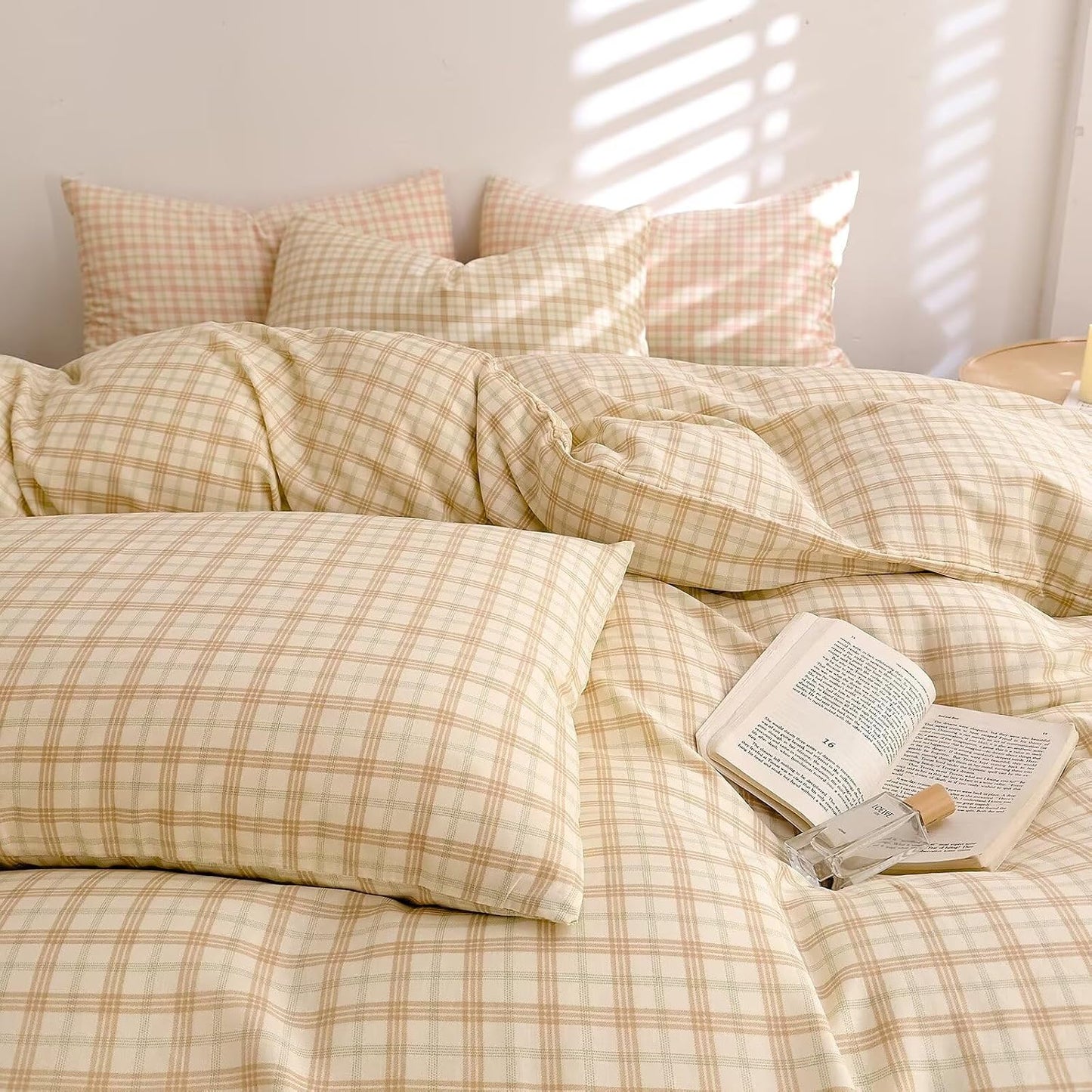 Duvet Cover Set - Brown Plaid Gingham Comforter Cover with Zipper Closure