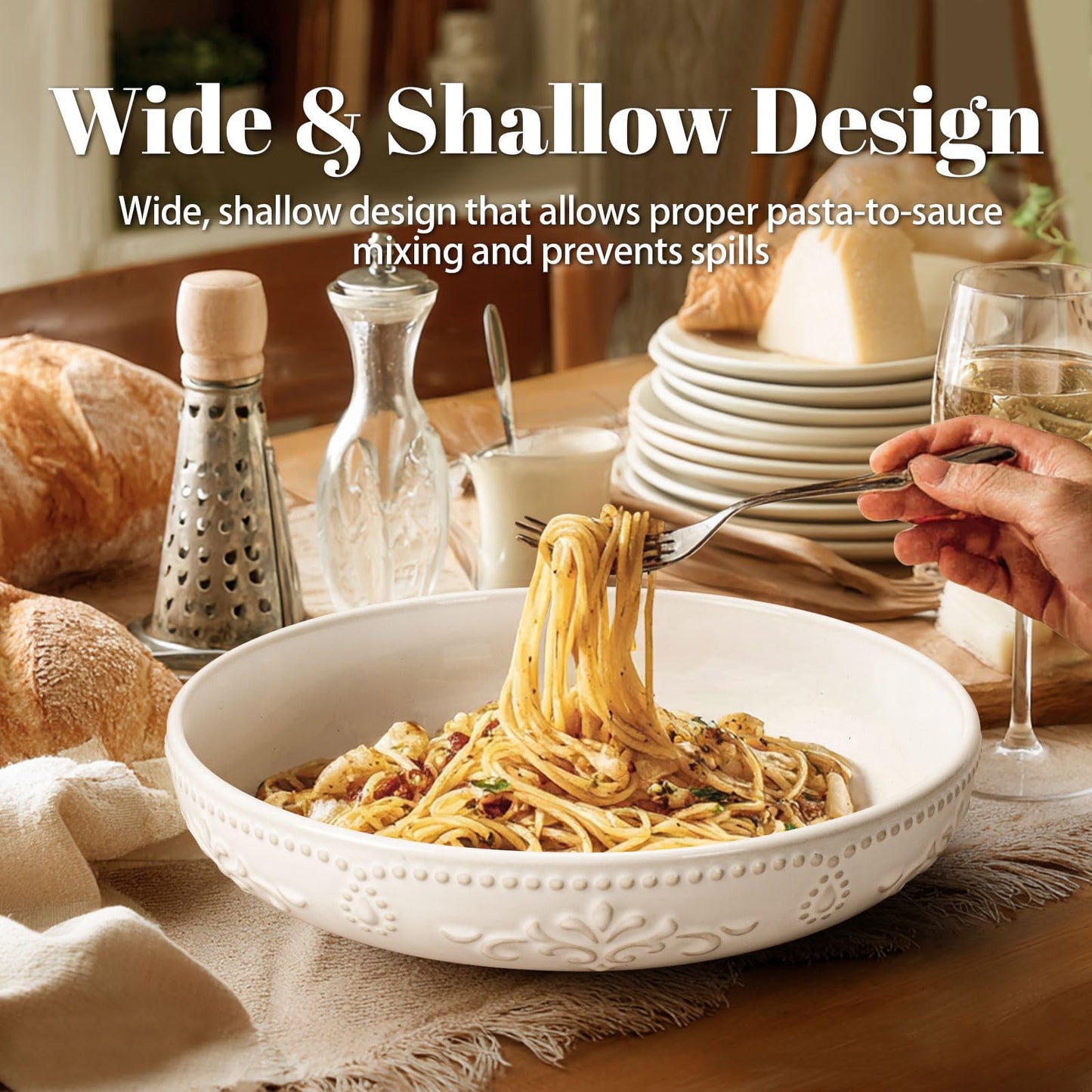 Artena Pasta Bowls, 50oz Large Salad Serving Bowls, 9.75'' Plates Bowl Set of 4, Big White Ceramic Soup Bowl for Kitchen, Embossment Shallow Dinner Bowl, Microwave Dishwasher Safe, Damask Floral