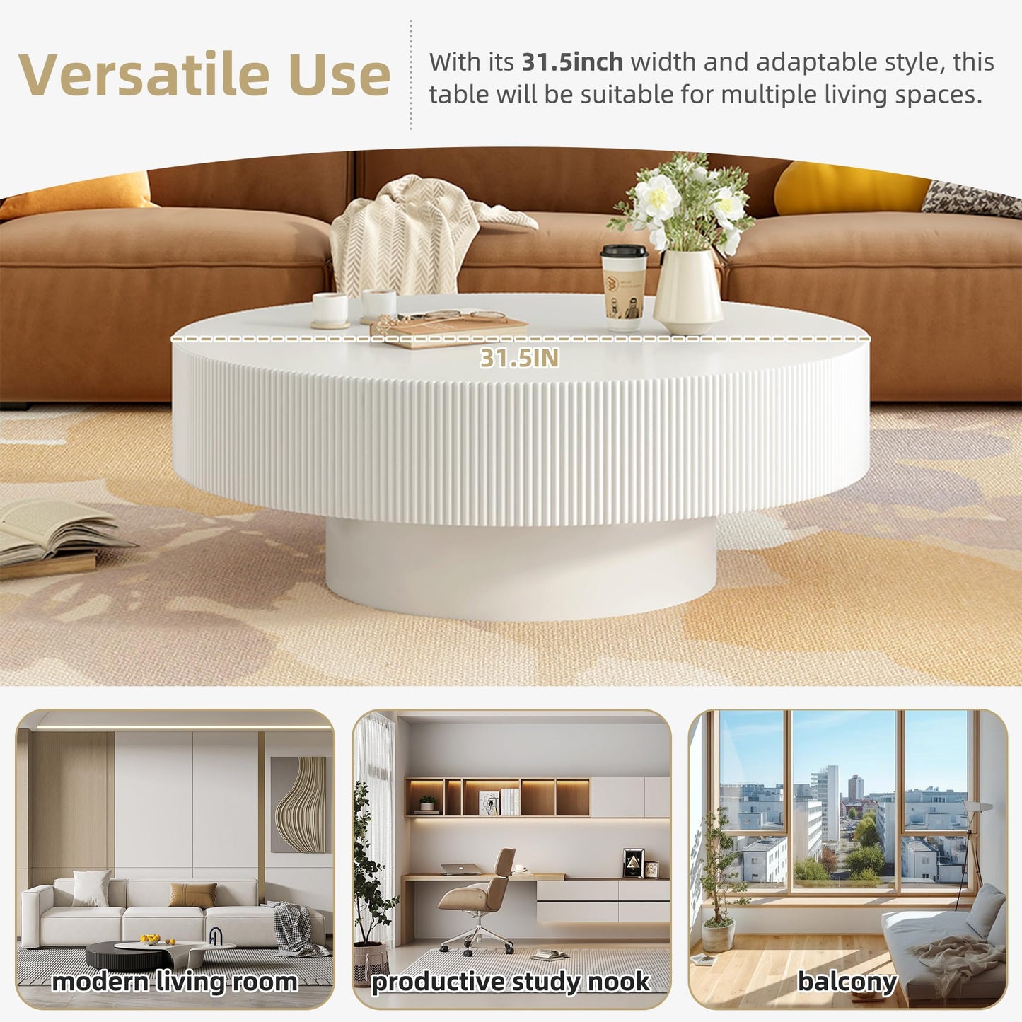 WILLIAMSPACE 43.31" Rectangle Coffee Table with Burl Wood Veneer & Sturdy Base, Modern Luxury Wood Drum Center Table End Table Accent Side Table for Living Room, Minimalist Fluted Design, Oak
