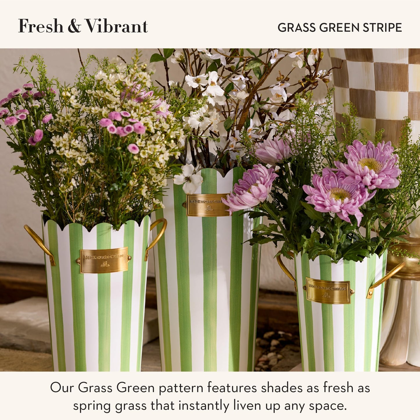 MACKENZIE-CHILDS Set of 3 Galvanized Flower Buckets, Decorative Metal Buckets, Black-and-White Courtly Stripe