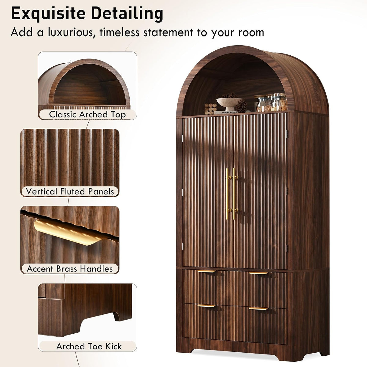 72" Tall Arched Kitchen Pantry Cabinet with 2 Drawers
