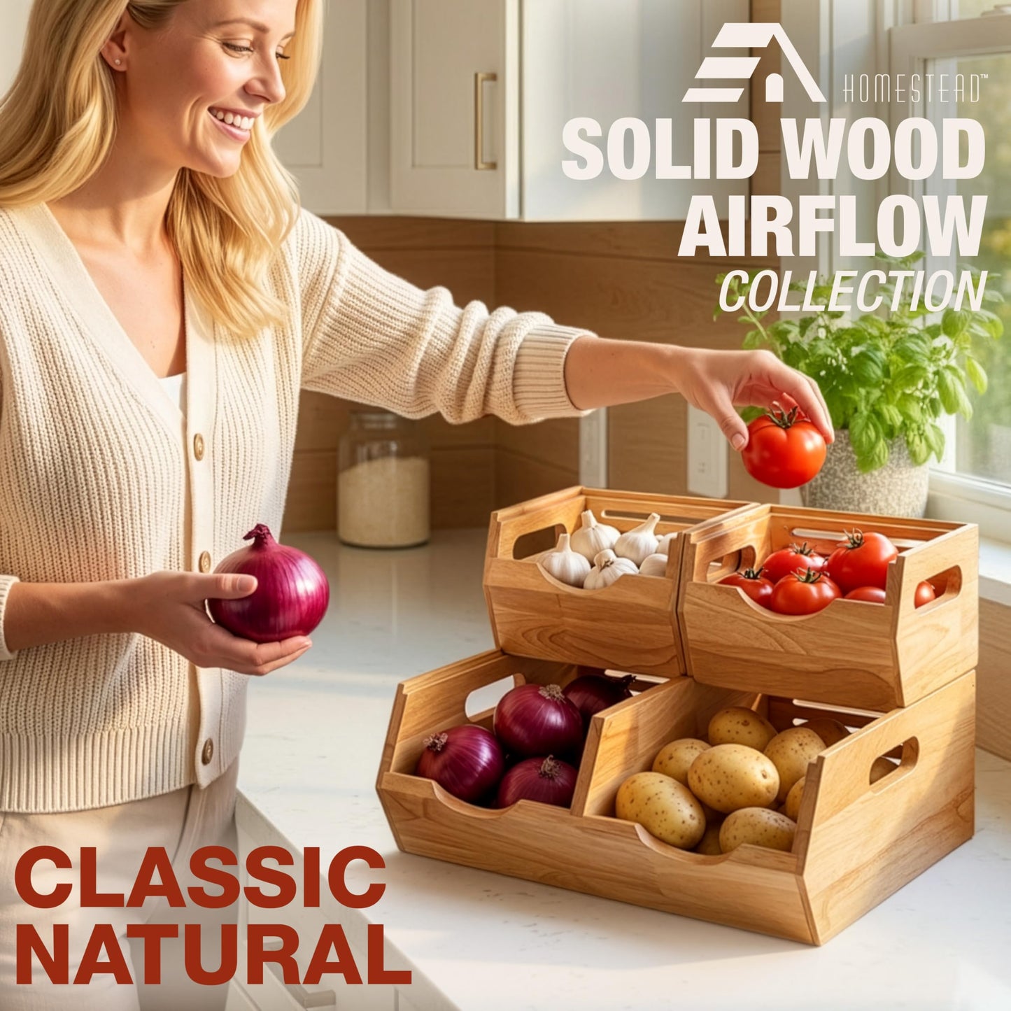 HOMESTEAD Stackable Solid Wood Storage Bins for Kitchen Pantry & Countertop, Ventilated Potato and Onion Basket Organizer with Handles, Wooden Produce Storage Containers, 3-Pack, Chestnut Finish