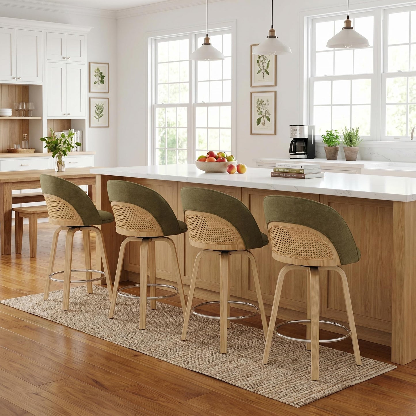 EALSON Bar Stools Set of 4, 26" Swivel Barstools with Rattan Backrest, Modern Faux Leather Upholstered Counter Height Bar Stools with Wood Legs & Bronze Footrest for Kitchen Island/Living Room, Brown