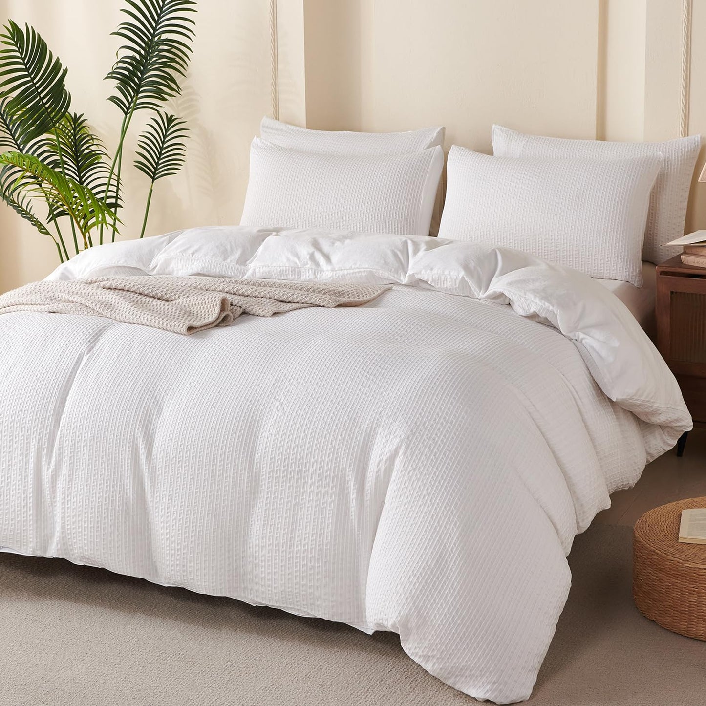Striped Duvet Cover Queen Beige Washed Microfiber Jacquard 3 Pieces Bedding Set, White Beige Vertical Ticking Stripes Pattern Comforter Cover with Zipper Closure Breathable Durable Soft Comfy