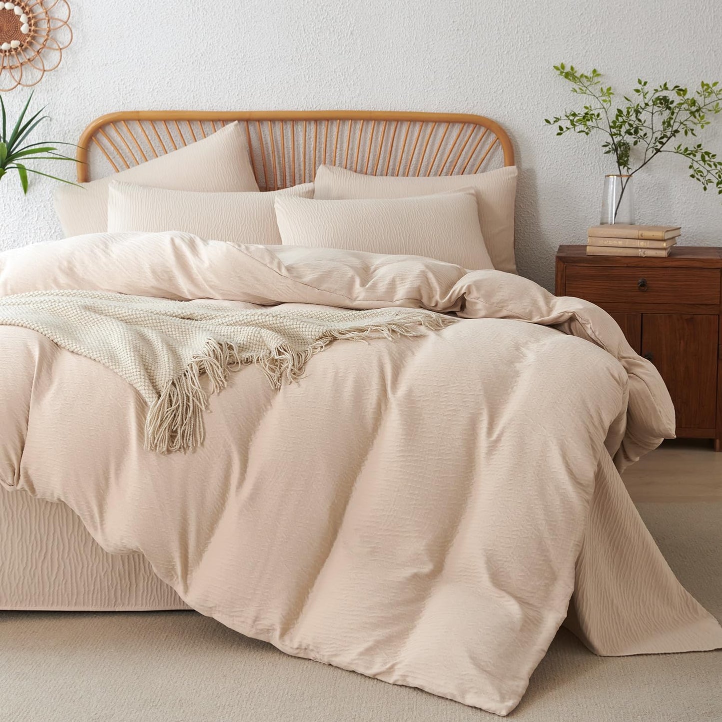 Striped Duvet Cover Queen Beige Washed Microfiber Jacquard 3 Pieces Bedding Set, White Beige Vertical Ticking Stripes Pattern Comforter Cover with Zipper Closure Breathable Durable Soft Comfy