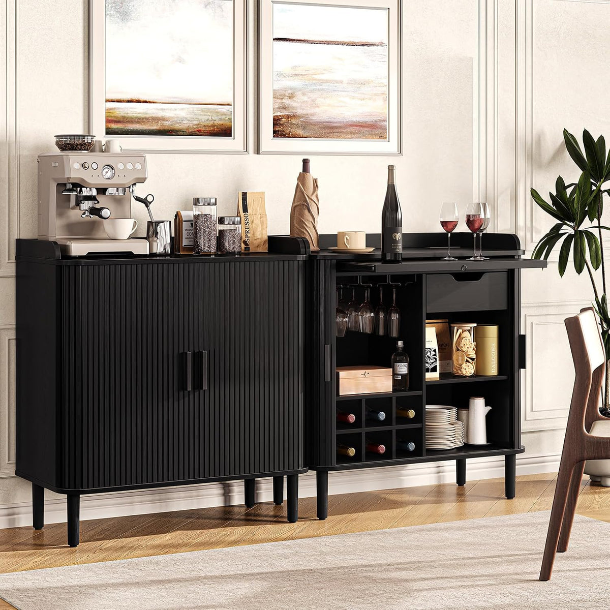 33" H Fluted Bar Cabinet with Storage, Wine Cabinet