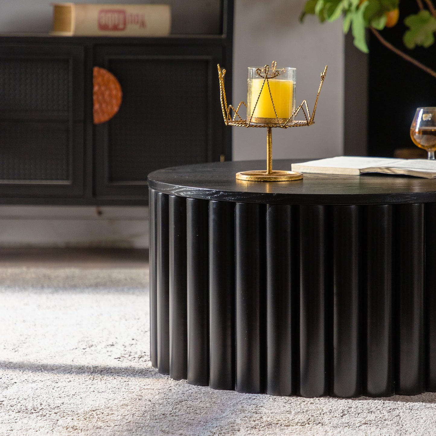 WILLIAMSPACE 43.31" Rectangle Coffee Table with Burl Wood Veneer & Sturdy Base, Modern Luxury Wood Drum Center Table End Table Accent Side Table for Living Room, Minimalist Fluted Design, Oak