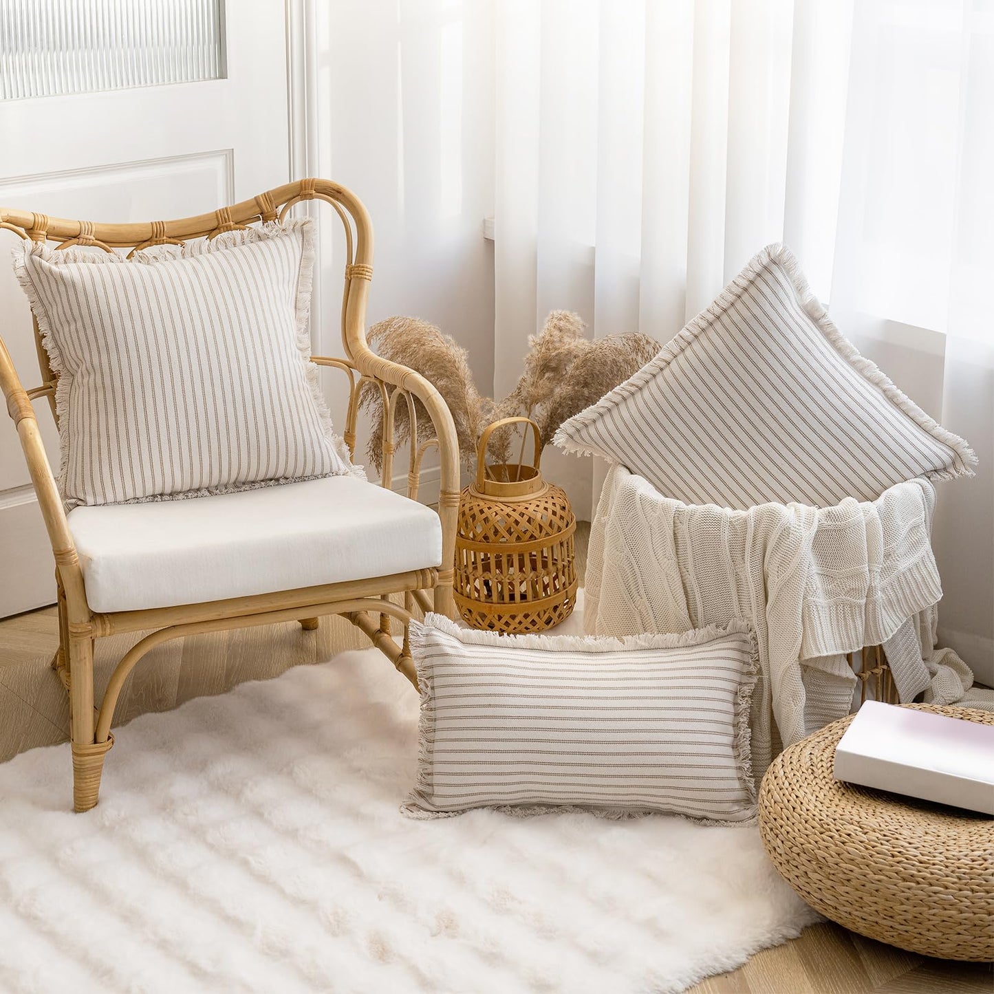 Throw Pillow Covers 18x18 Set of 2 Striped Fringe