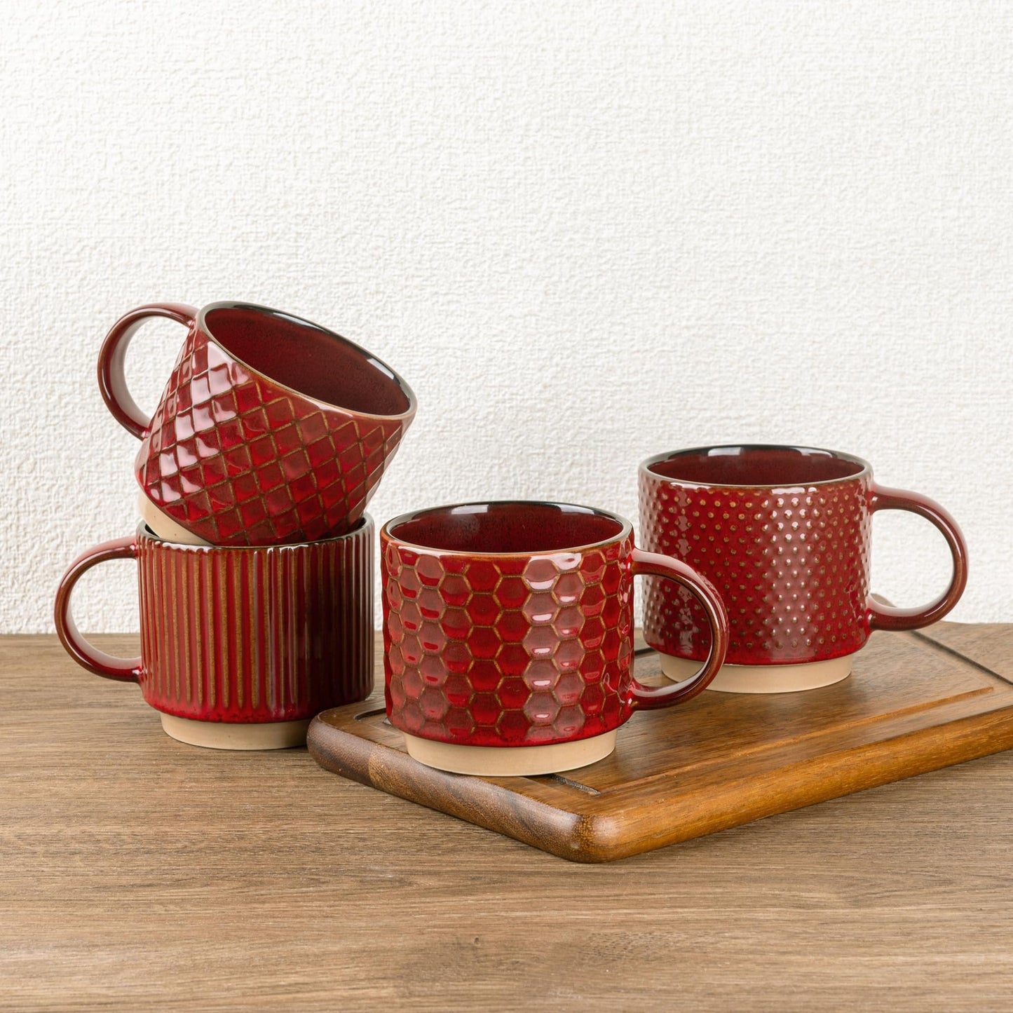 GBhome 12OZ Stackable Coffee Mugs, Ceramic Coffee Mugs with Texture Patterns for Man,Woman,Dad,Mom, Modern Coffee Mugs Set of 4 for Latte/Cappuccino/Cocoa. Dishwasher&Microwave Safe, Pale Khaki