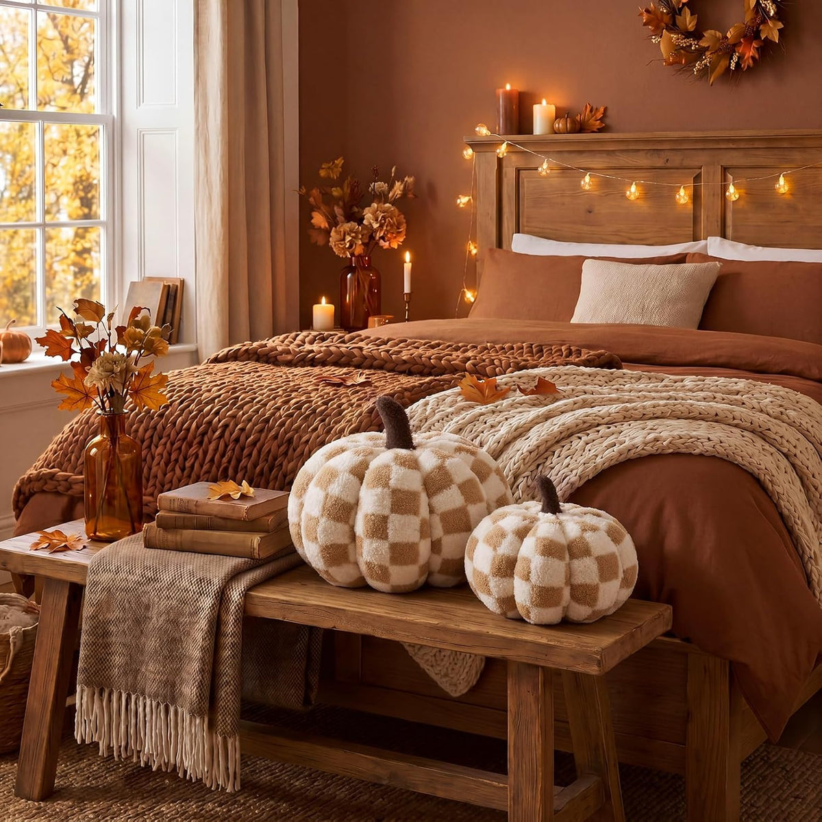2 Pcs Pumpkin Pillows Brown White Checkerboard