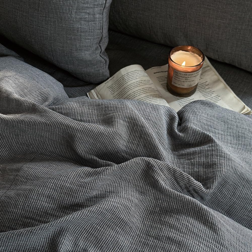 NSNLGSGC 100% Muslin Cotton Houndstooth Duvet Cover King Size, 2-Layer Small Checked Lightweight and Breathable Muslin Bedding, Linen Like Gauze Comforter Cover Set (Mocha Houndstooth, King)