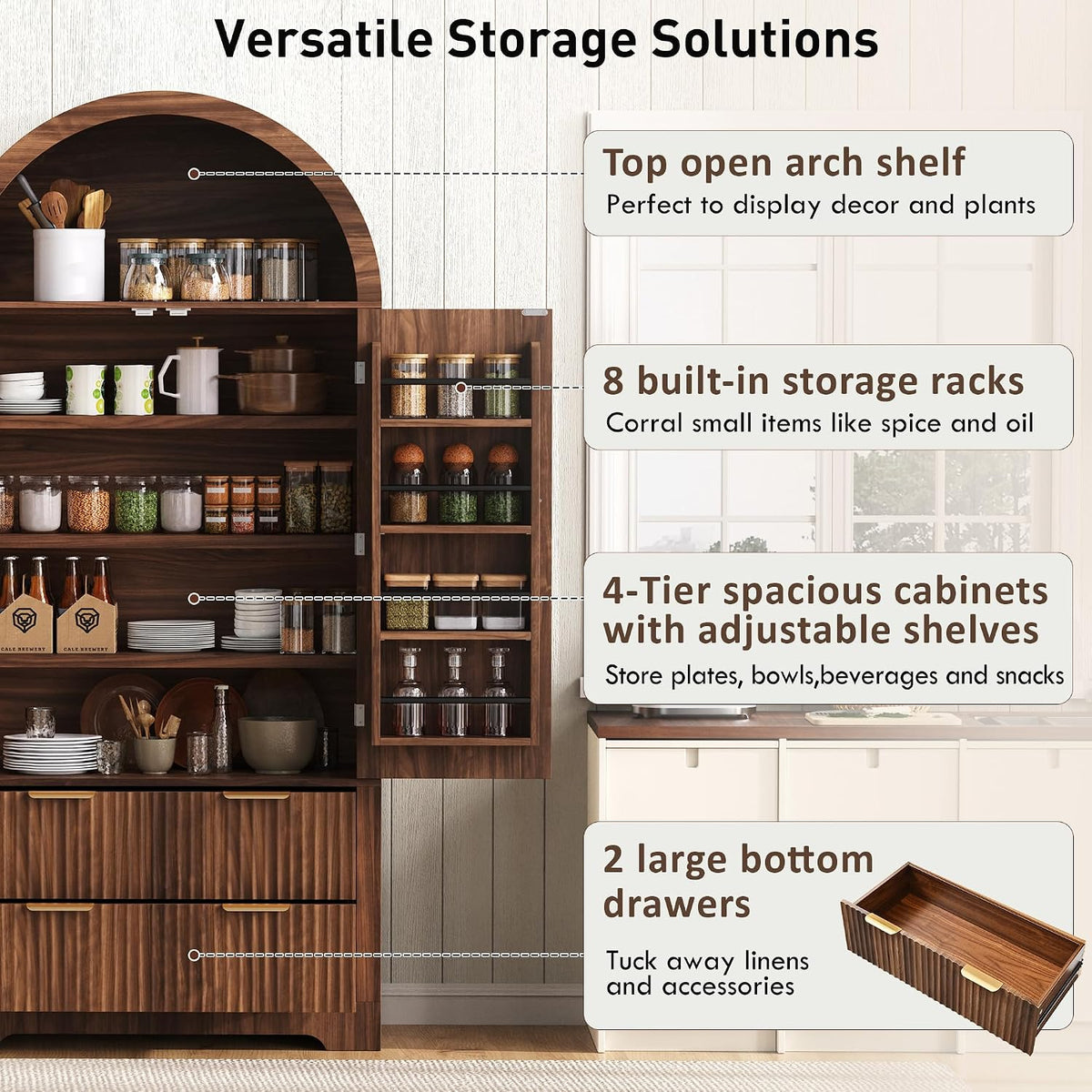 72" Tall Arched Kitchen Pantry Cabinet with 2 Drawers