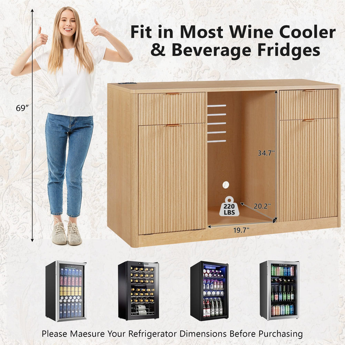 51" Modern Coffee Bar Cabinet with Fridge Space & 2 Drawers