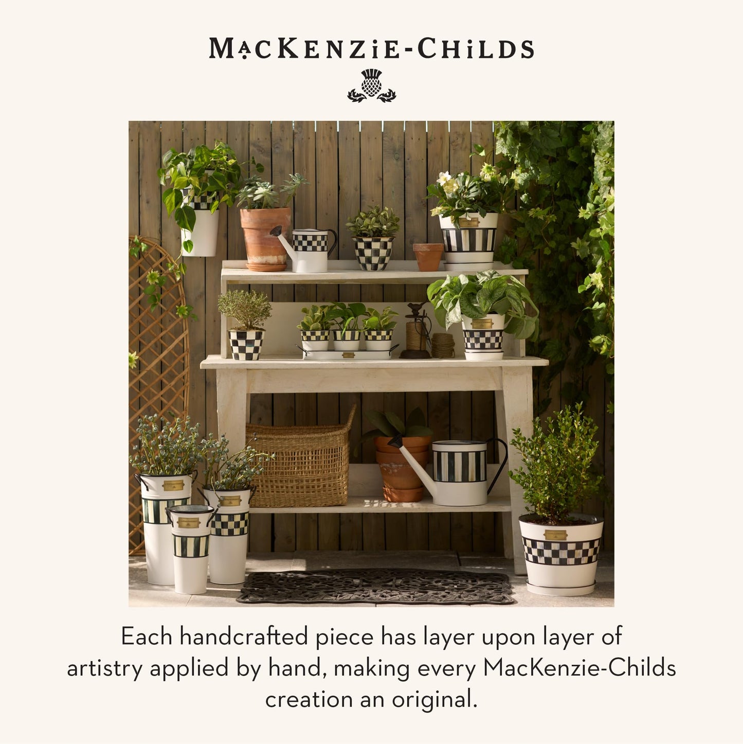 MACKENZIE-CHILDS Set of 3 Galvanized Flower Buckets, Decorative Metal Buckets, Black-and-White Courtly Stripe