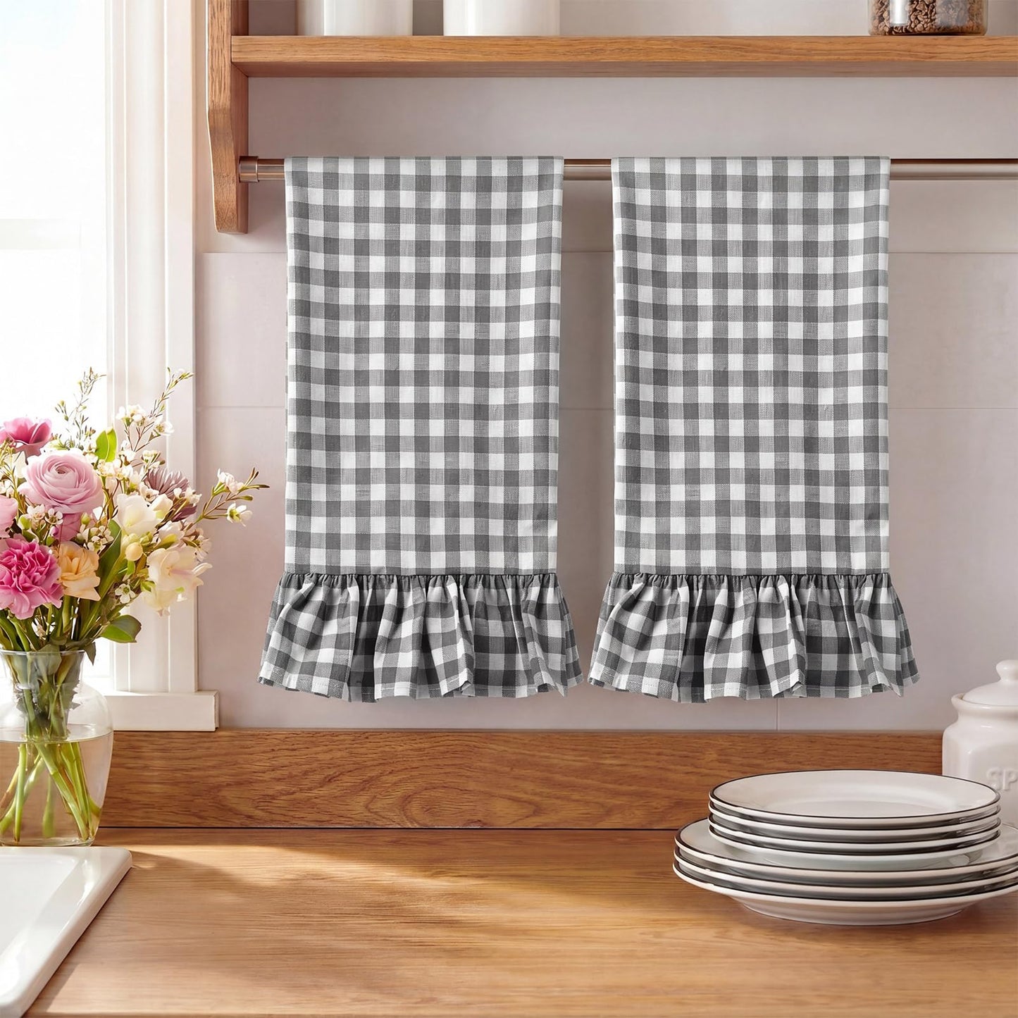HunnmingRe Taupe Kitchen Towels Set of 2, 100% Cotton Ruffled Gingham Dish Towels 18"x28" Tea Cloths Classic Plaid Pattern for Farmhouse Charm, Drying Dishes, Entertaining Guests