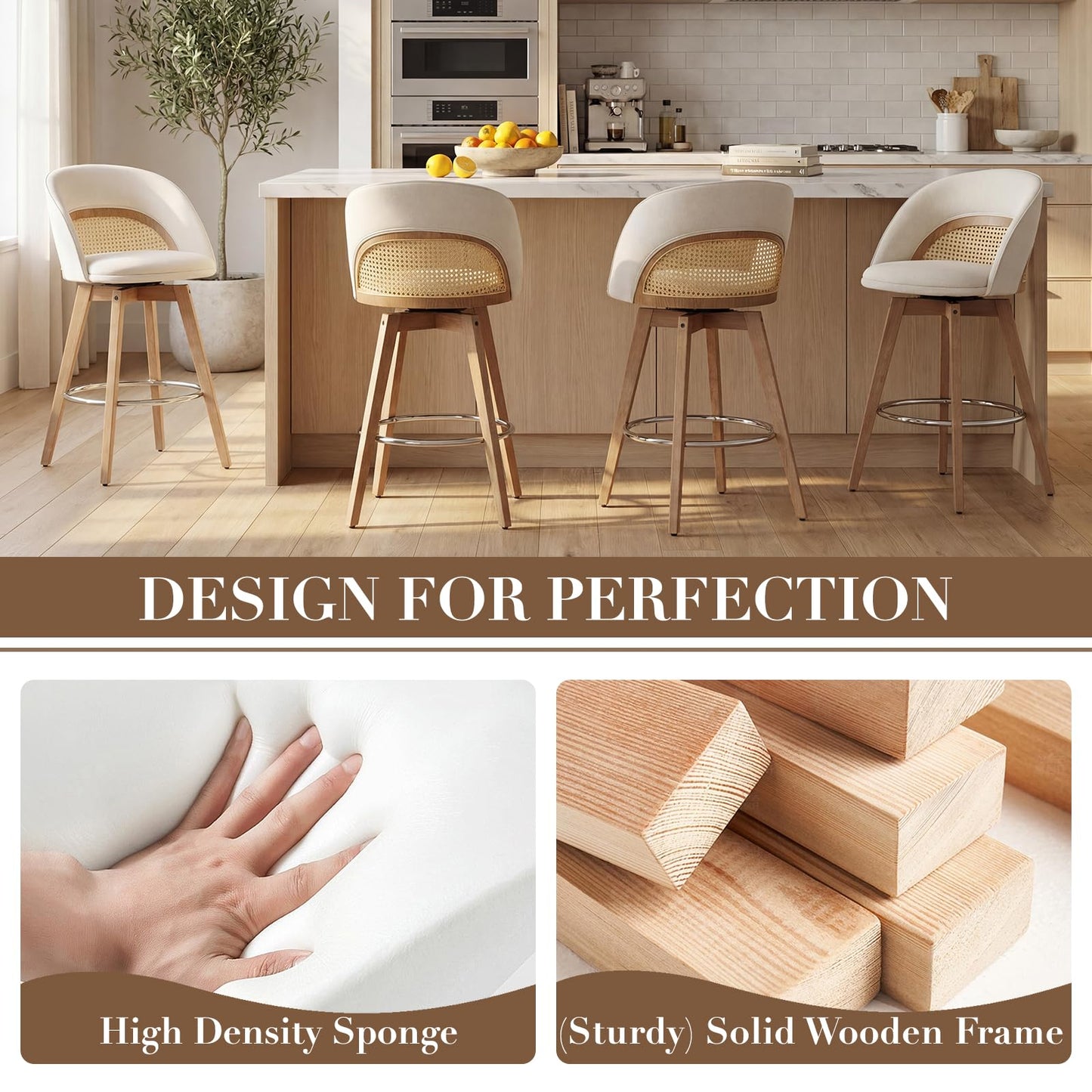 EALSON Bar Stools Set of 4, 26" Swivel Barstools with Rattan Backrest, Modern Faux Leather Upholstered Counter Height Bar Stools with Wood Legs & Bronze Footrest for Kitchen Island/Living Room, Brown