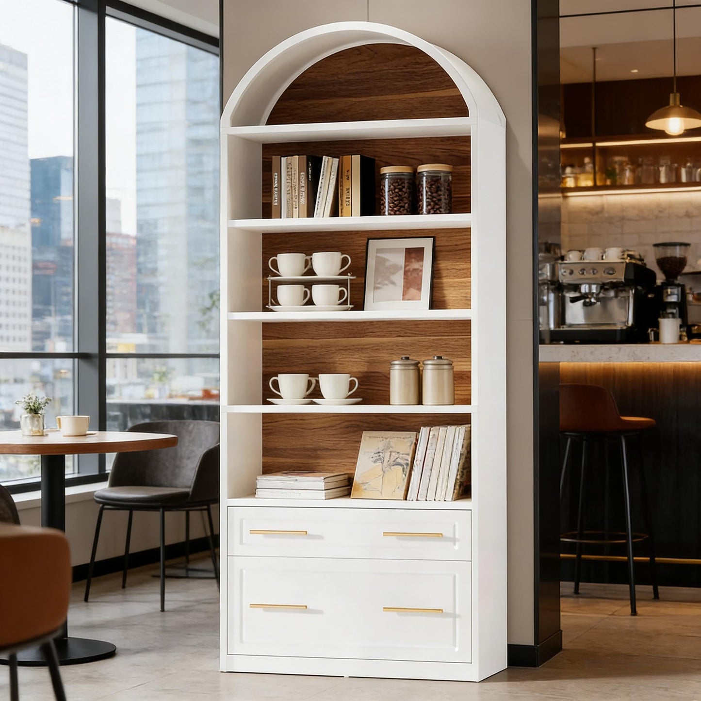 Arched 8 Tier Tall Bookshelf with Wood Back Panel